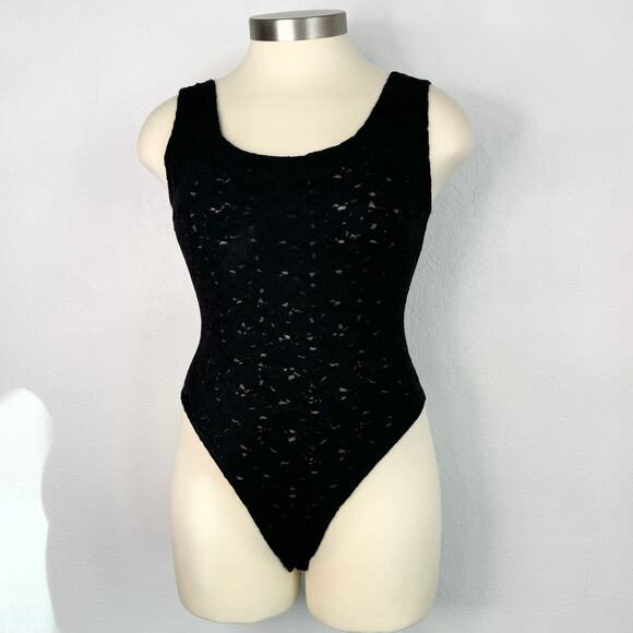 Cache Vintage 90s Lace Black Semi Sheer Sleeveless Bodysuit Size Large - Picture 11 of 12